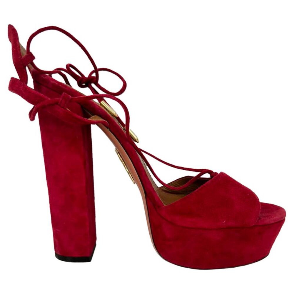Aquazzura Austin Platform Sandal heels in Burgundy Suede